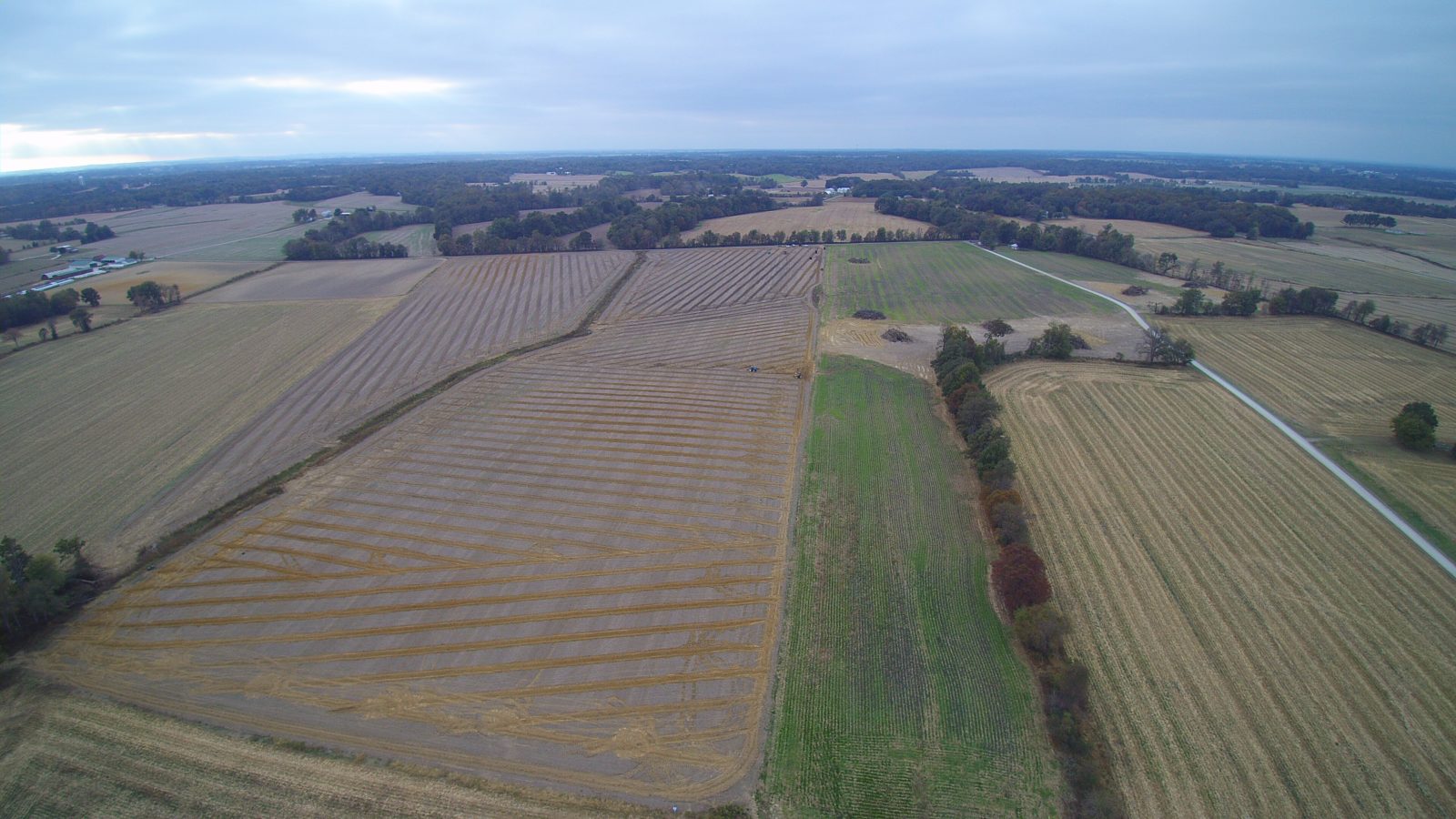 Aerial view of field with subsurface drainage